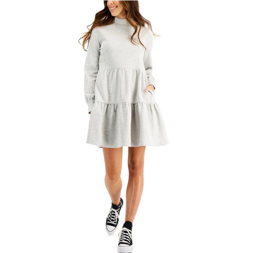Style & Co Mock-Neck Tiered Dress Grey Size XS Casual Solid Short Shirt Dress